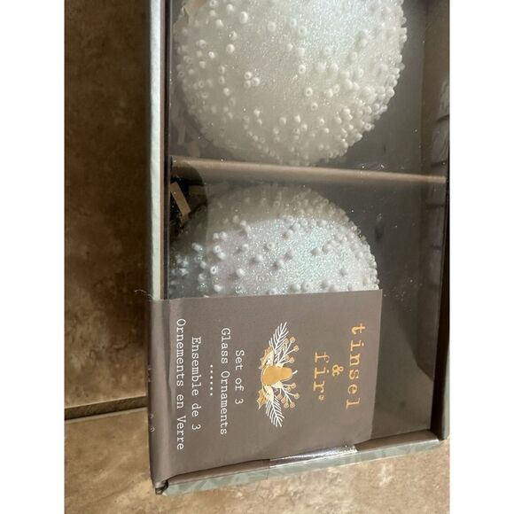 NIB Tinsel & Fir Set Of 3 Glass Ornament Christmas Decoration - Picture 2 of 3